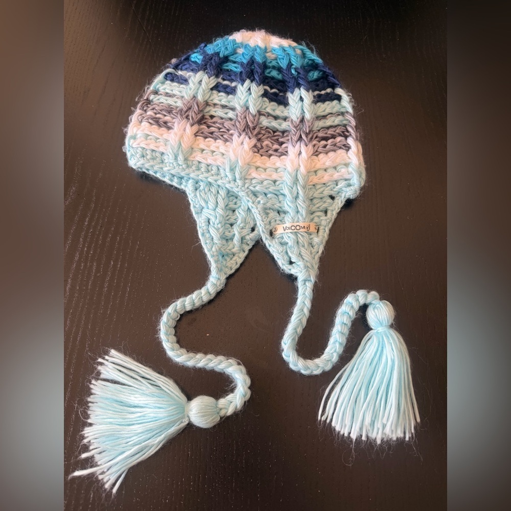 Volcom Striped Knit Kids Hat with Tassels
